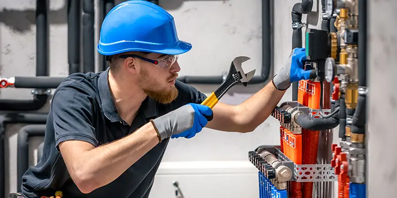 Technician checking heating system Technician checking heating system